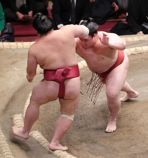 大栄翔（左）を押し出す隆の勝（撮影・河野匠）