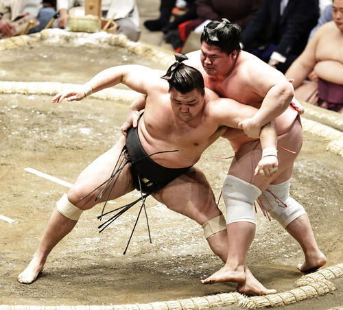 霧馬山（左）の後ろを取る宇良（撮影・中島郁夫）