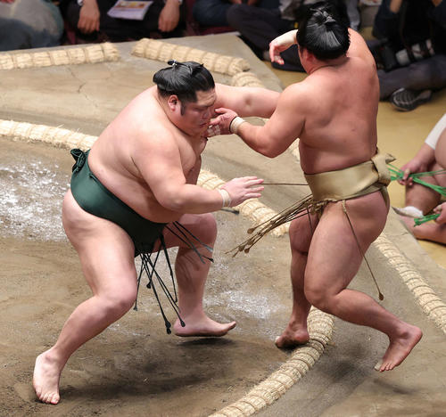 石浦（右）を突き出す千代大龍（撮影・河野匠）