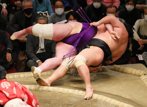 寄り倒しで妙義龍（右）を破る栃ノ心（撮影・野上伸悟）