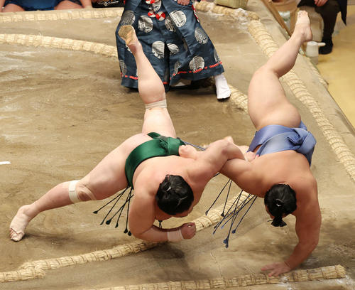 翔猿（右）を上手投げで破る佐田の海（撮影・河野匠）