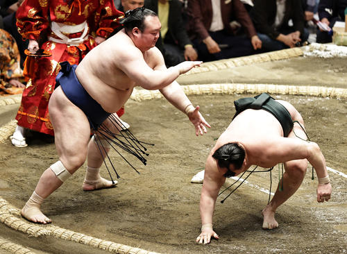 千代翔馬（右）を引き落としで破る宝富士（撮影・中島郁夫）