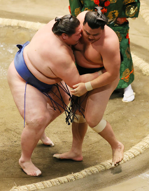 霧馬山（右）を寄り切りで破る逸ノ城（撮影・野上伸悟）