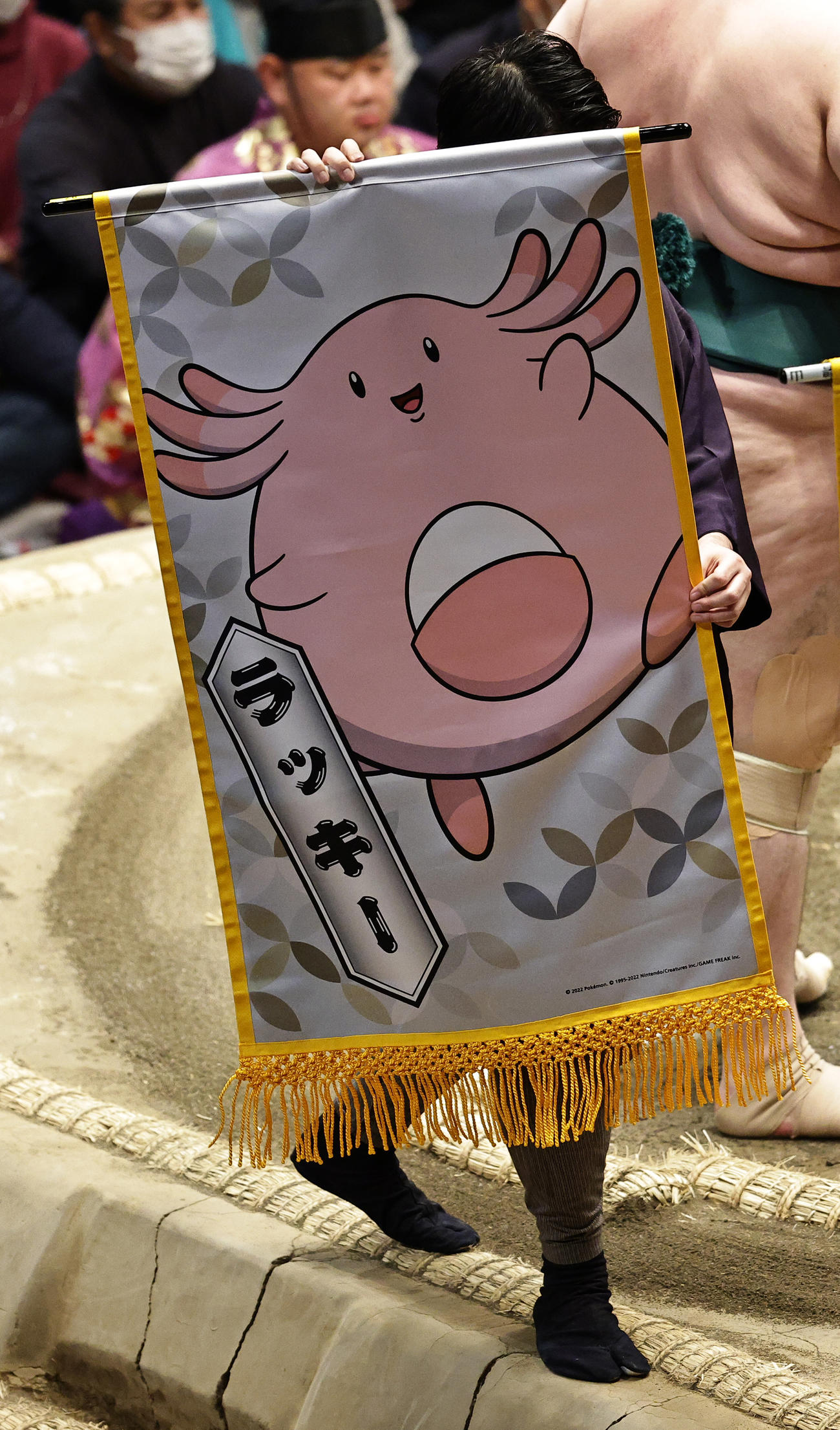 たまごポケモン「ラッキー」の懸賞旗（撮影・中島郁夫）