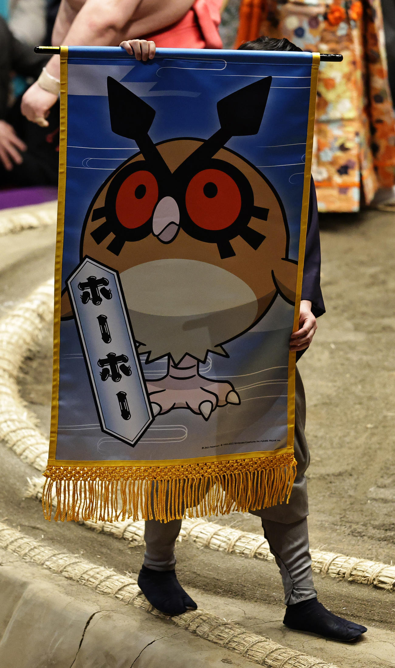 ふくろうポケモン「ホーホー」の懸賞旗（撮影・中島郁夫）