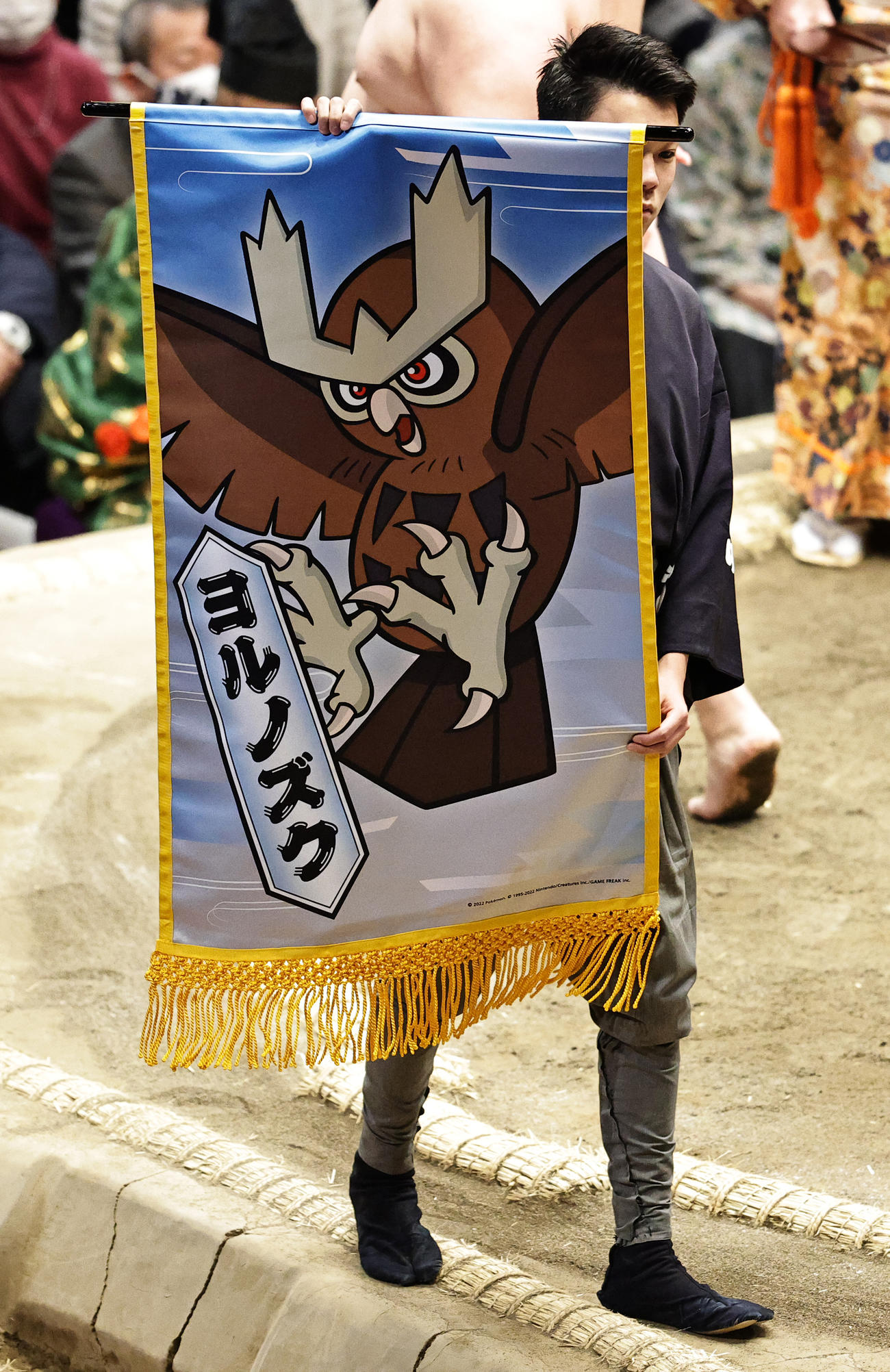 ふくろうポケモン「ヨルノズク」の懸賞旗（撮影・中島郁夫）