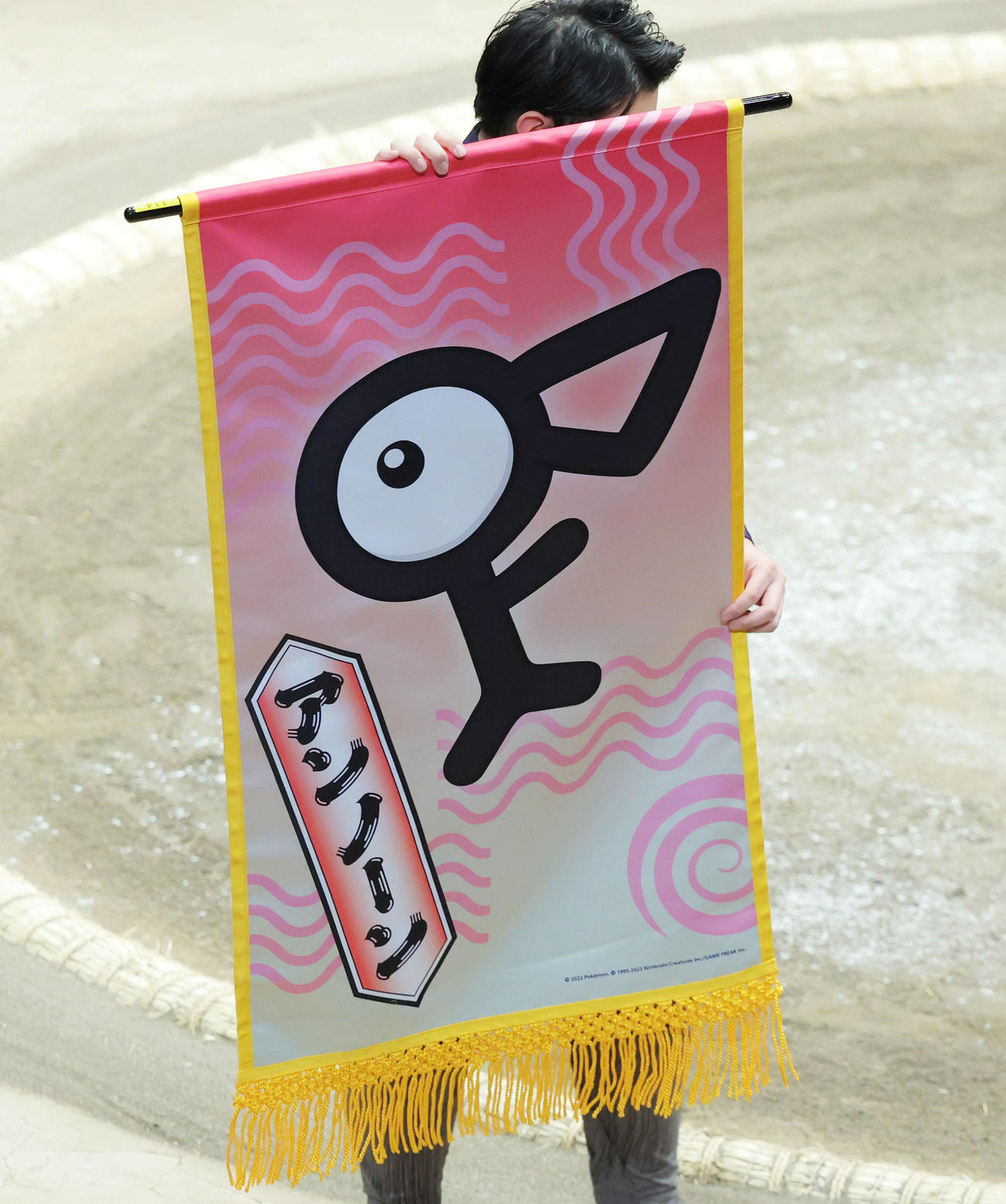 豊山と魁聖の一番、シンボルポケモンアンノーンの懸賞旗が回る（撮影・河田真司）