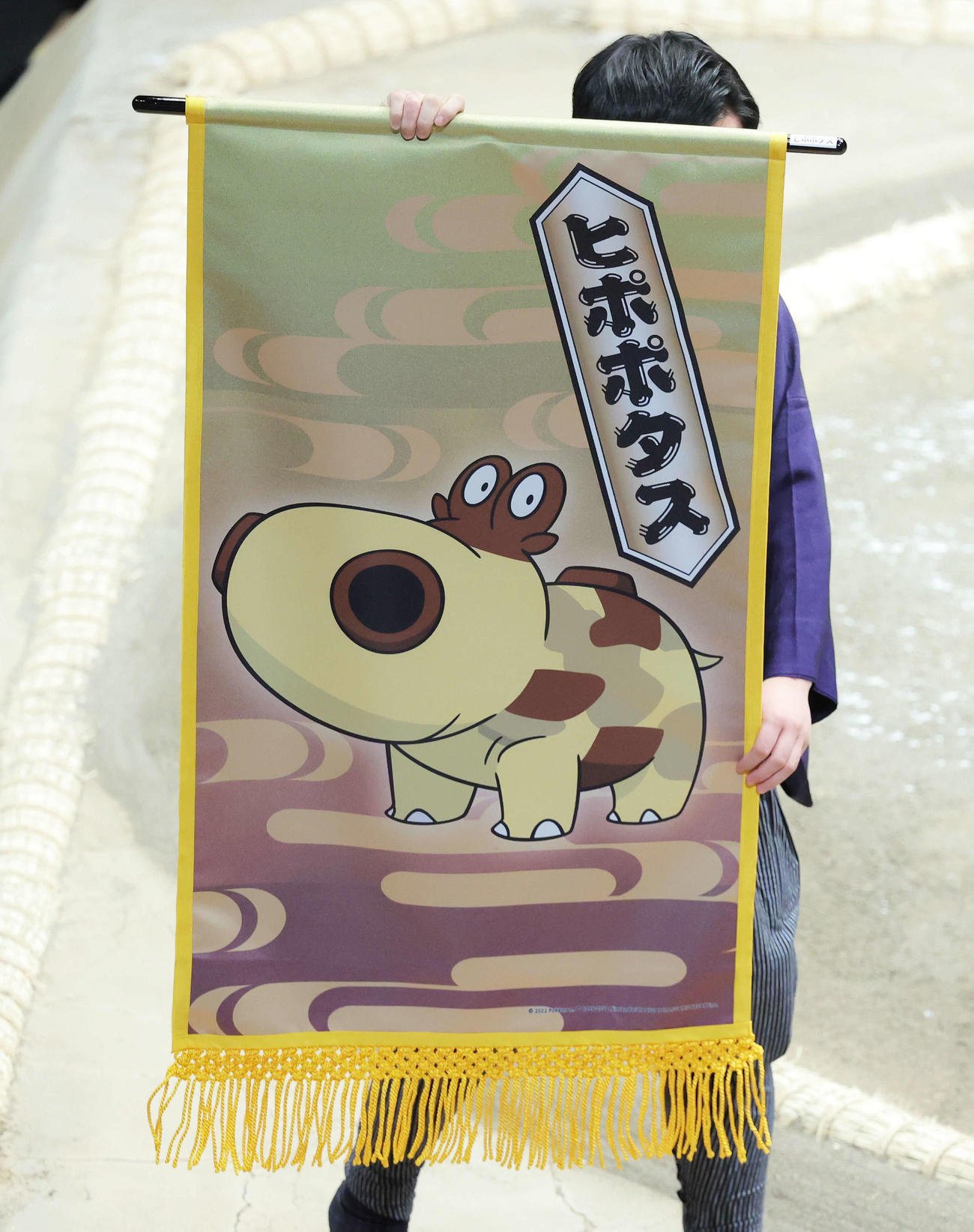 北勝富士と玉鷲の一番、カバポケモン「ヒポポタス」の懸賞旗が回る（撮影・河田真司）