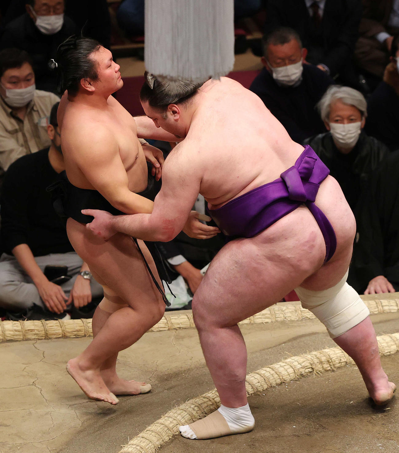 照強（左）を寄り切りで破る栃ノ心（撮影・河野匠）