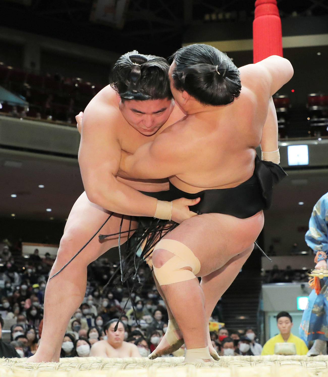 若元春（左）は照強を土俵際に追い込む（撮影・河田真司）