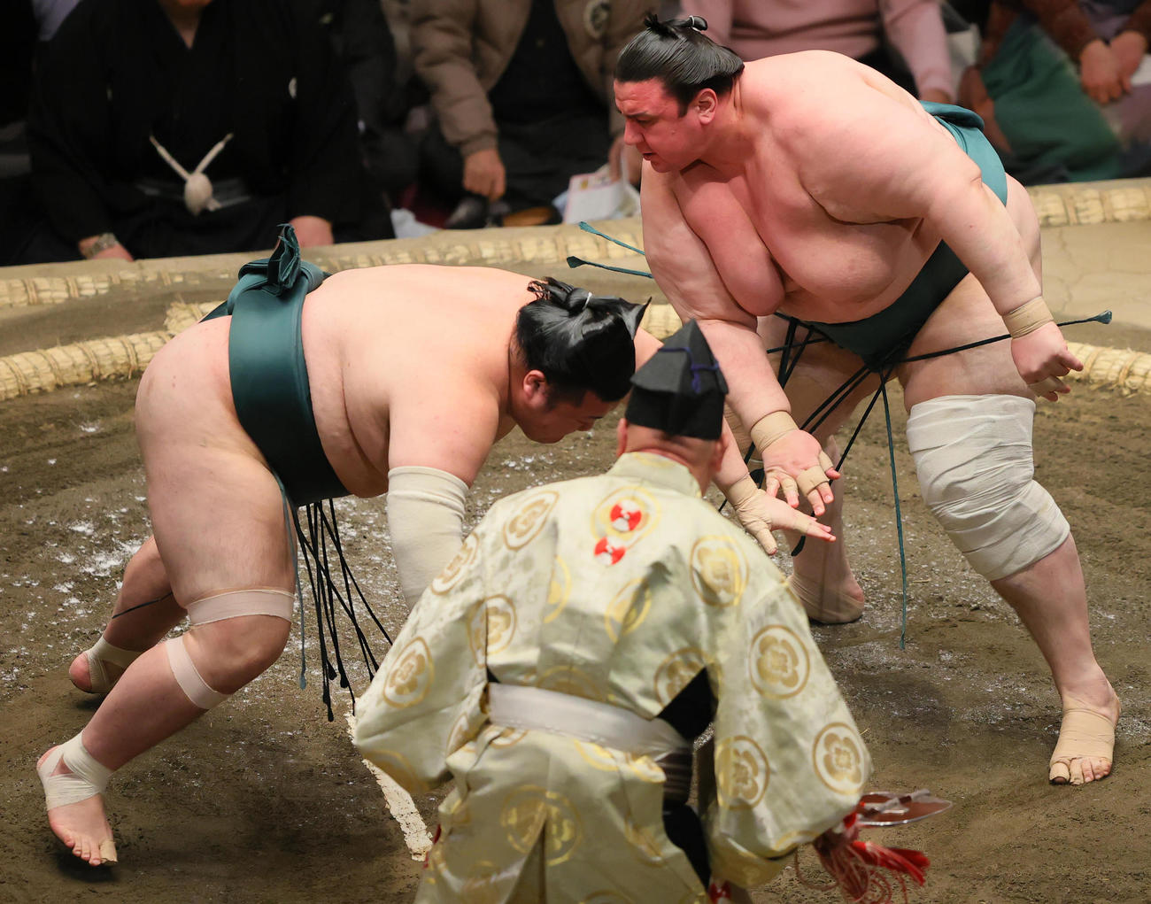 引き落としで豊山（左）を破る碧山（撮影・野上伸悟）