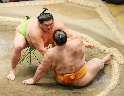 蹴返しで魁聖（右）を破る天空海（撮影・野上伸悟）