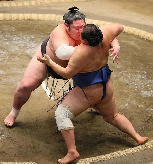 寄り切りで千代の国（右）を破る剣翔（撮影・野上伸悟）