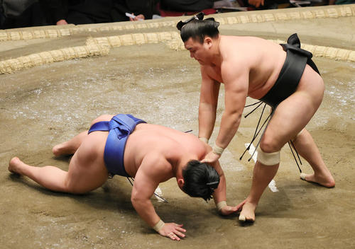 はたき込みで若隆景（左）を破る霧馬山（撮影・野上伸悟）