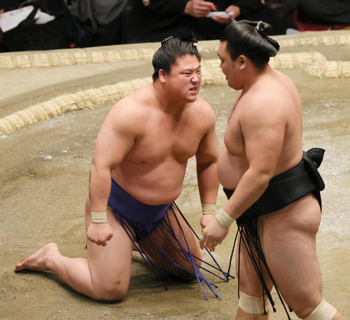 はたき込みで霧馬山（手前）に敗れ悔しがる若隆景（撮影・野上伸悟）