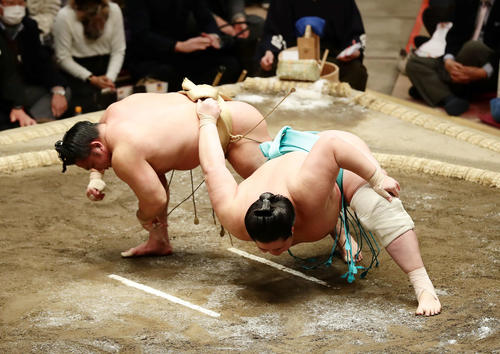 琴ノ若を下手投げで破った石浦（撮影・丹羽敏通）