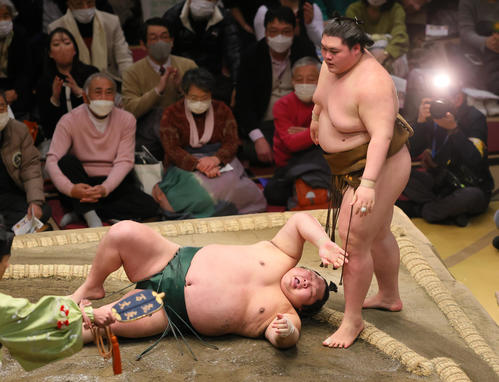 はたき込みで千代大龍（左）を破る王鵬（撮影・野上伸悟）