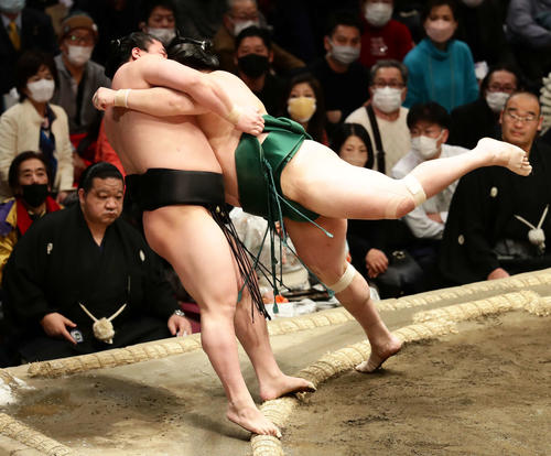 若元春を寄り倒しで破った佐田の海（撮影・丹羽敏通）