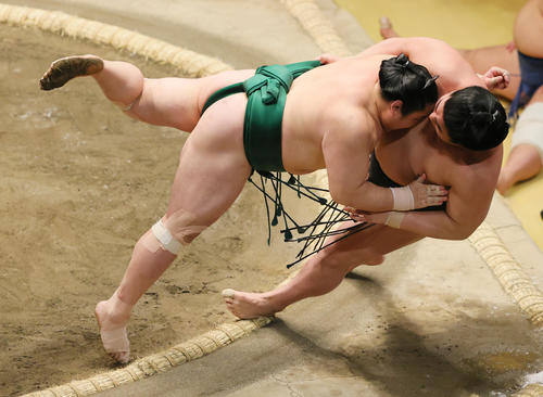 寄り倒しで若元春（右）を破る佐田の海（撮影・野上伸悟）