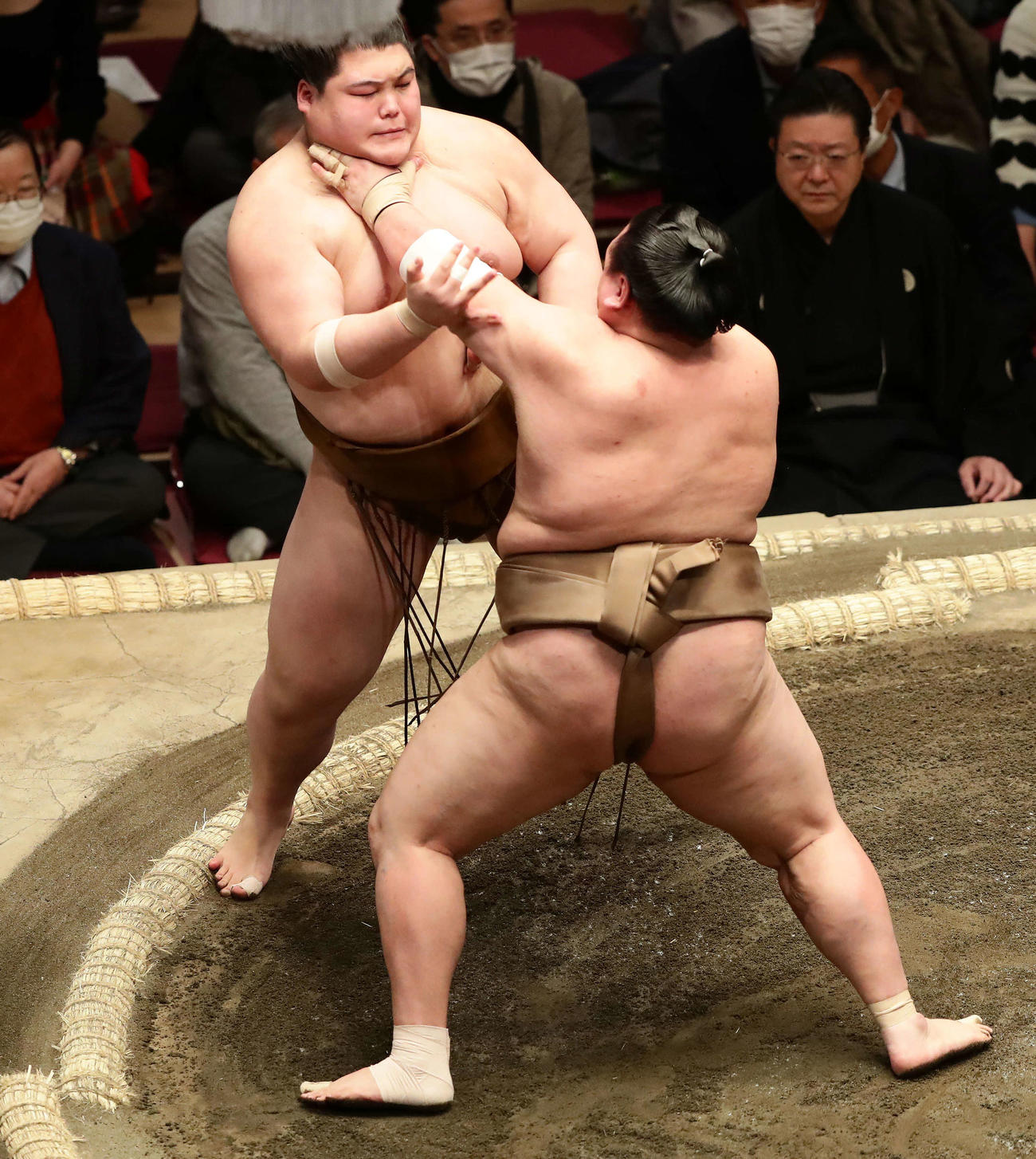 荒篤山に押し出しで敗れた王鵬（撮影・丹羽敏通）