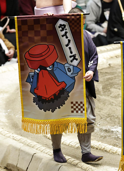 琴恵光と一山本の一番で掲げられたコンパスポケモン「ダイノーズ」の懸賞旗（撮影・中島郁夫）