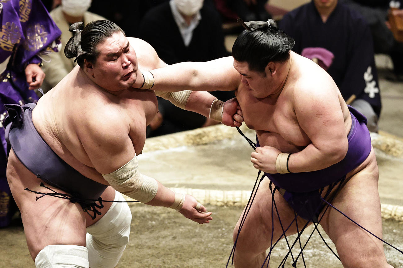 照ノ富士（左）にのど輪で攻める明生（撮影・中島郁夫）