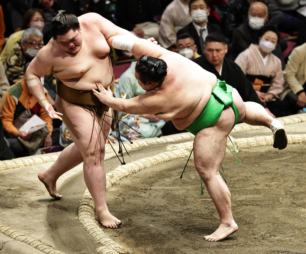 王鵬（左）を寄り切りで破る千代丸（撮影・中島郁夫）