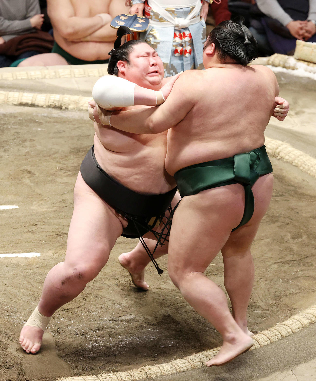 千代大龍（右）を寄り切りで破る剣翔（撮影・鈴木正人）