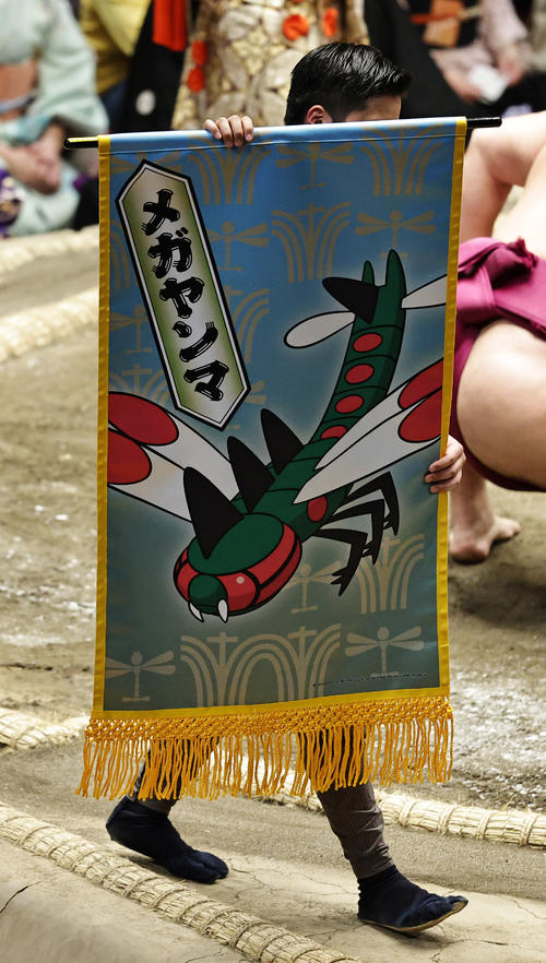 阿武咲と御嶽海の一番で掲げられたオニトンボポケモン「メガヤンマ」の懸賞旗（撮影・中島郁夫）