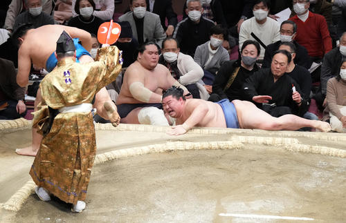 取り直しの一番で正代（右）は豊昇龍に寄り切りで敗れる。中央は照ノ富士（撮影・小沢裕）