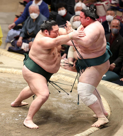 碧山（右）を押し出しで破る千代大龍（撮影・鈴木正人）
