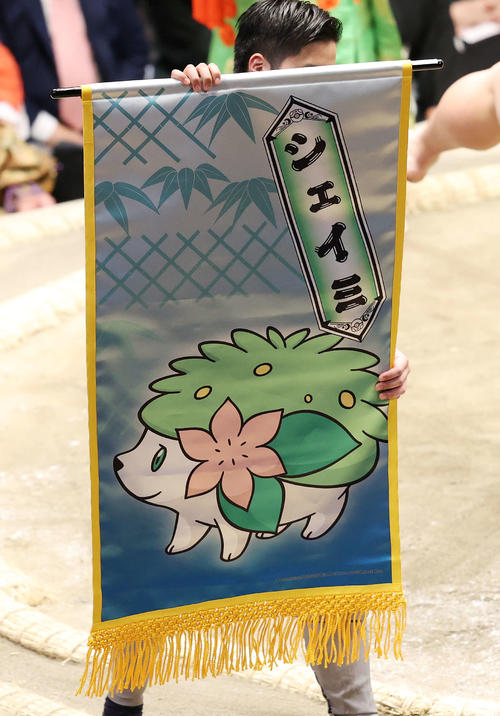 かんしゃポケモン「シェイミ」の懸賞旗（撮影・鈴木正人）