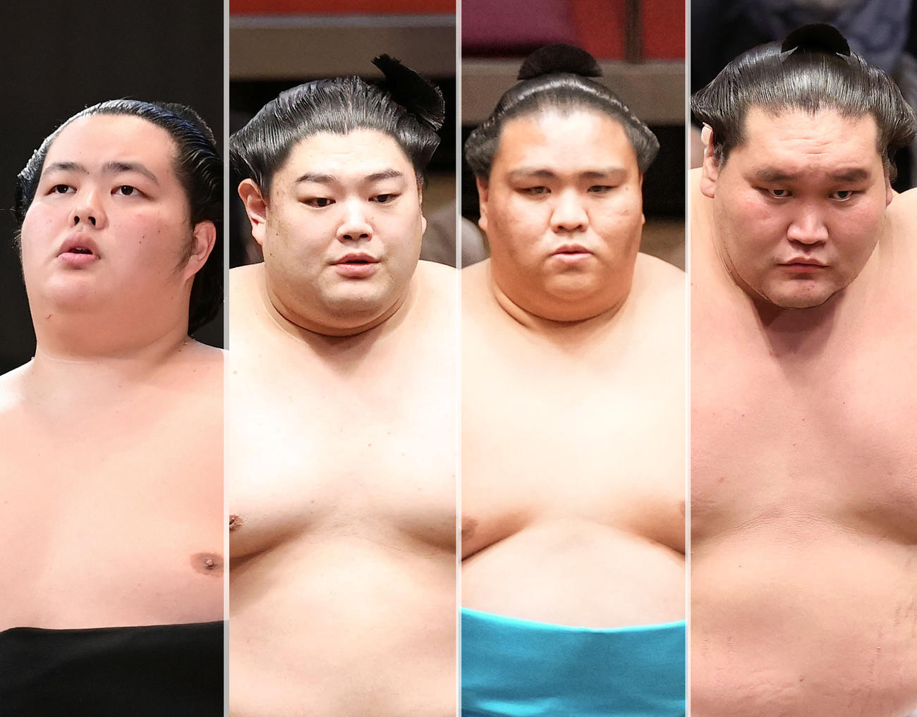 左から3敗の琴ノ若、阿炎、2敗の関脇御嶽海、3敗の横綱照ノ富士