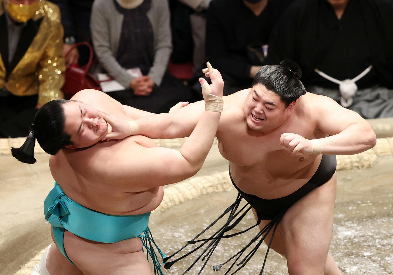 琴ノ若（左）を激しく攻める阿炎（撮影・鈴木正人）