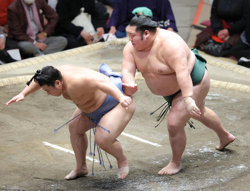 翔猿(左)を送り出しで破る千代大龍(撮影・河田真司)