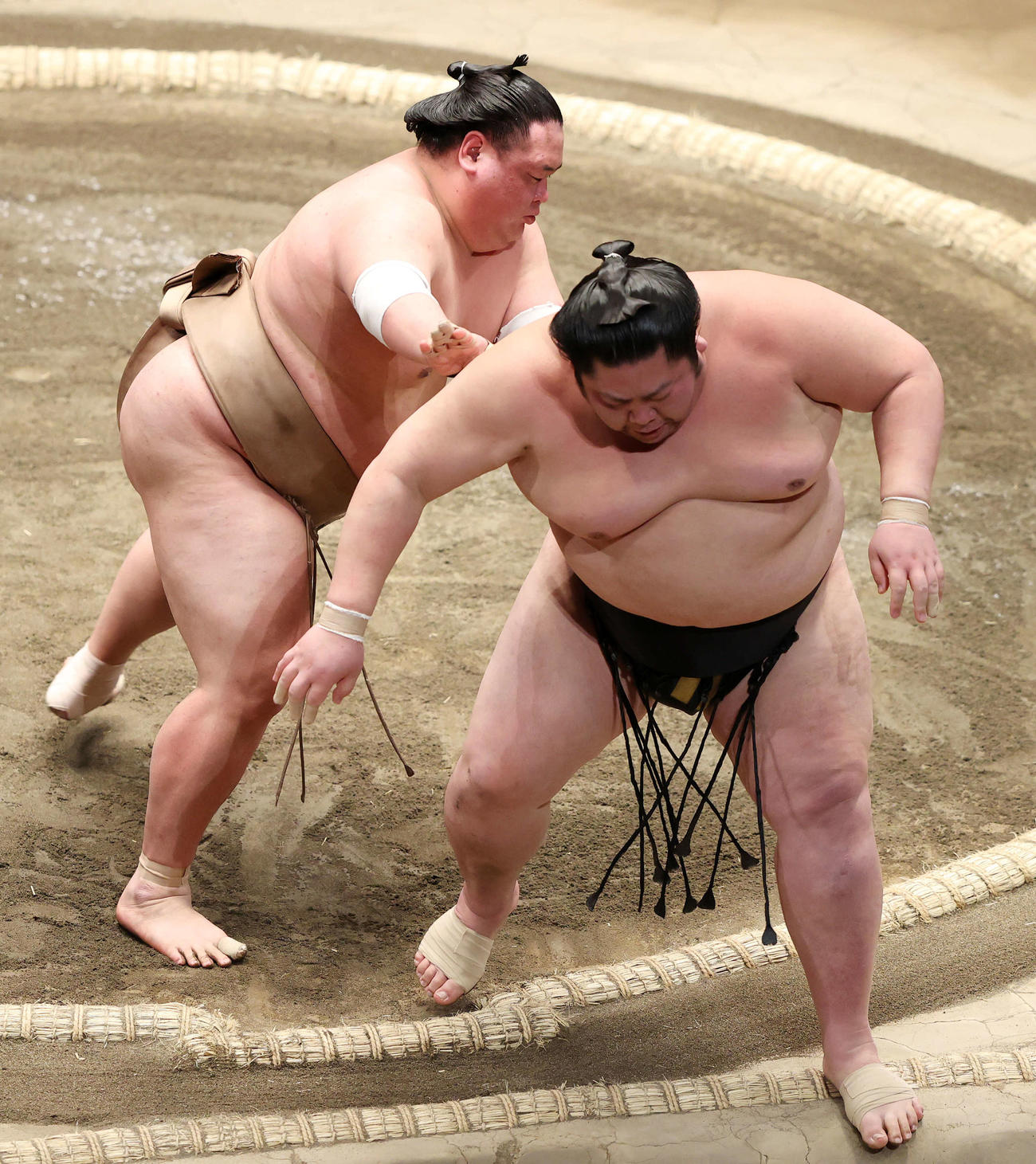 剣翔（右）を送り出しで破る荒篤山（撮影・鈴木正人）