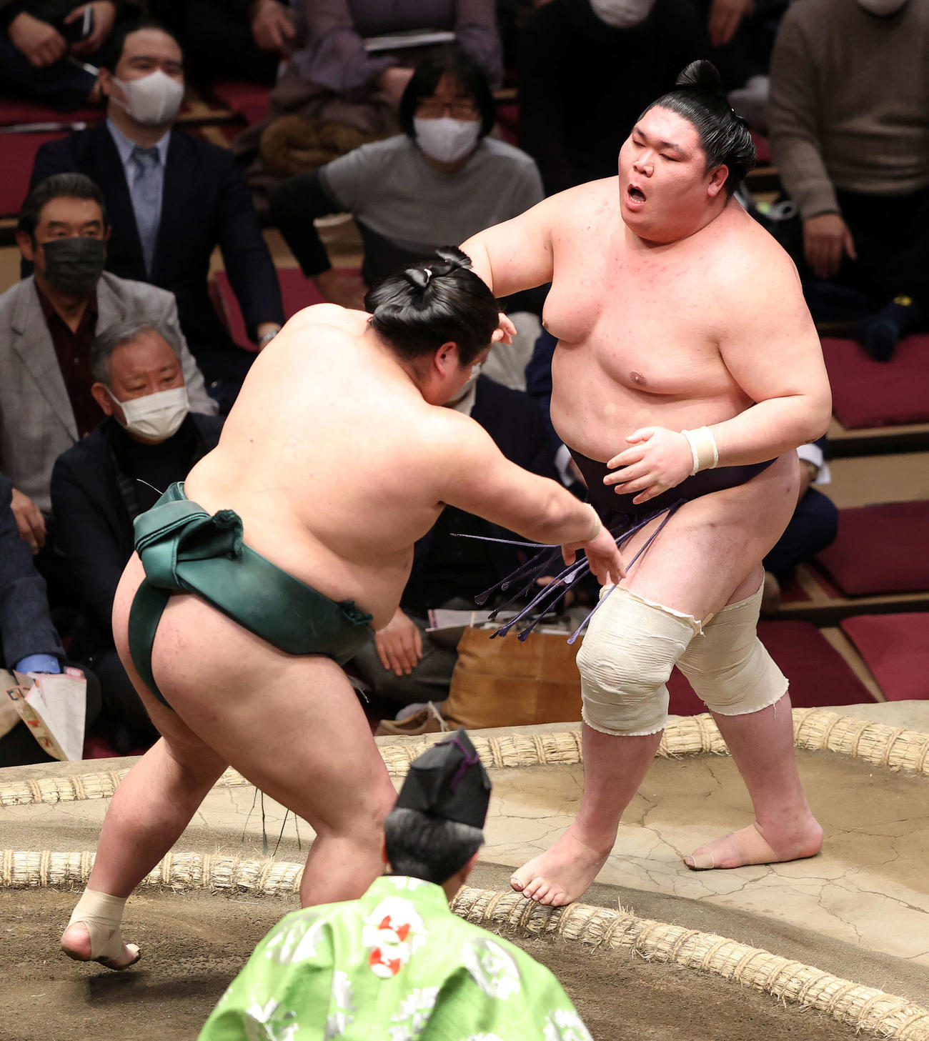 錦木（左）に押し出しで敗れる矢後（撮影・鈴木正人）