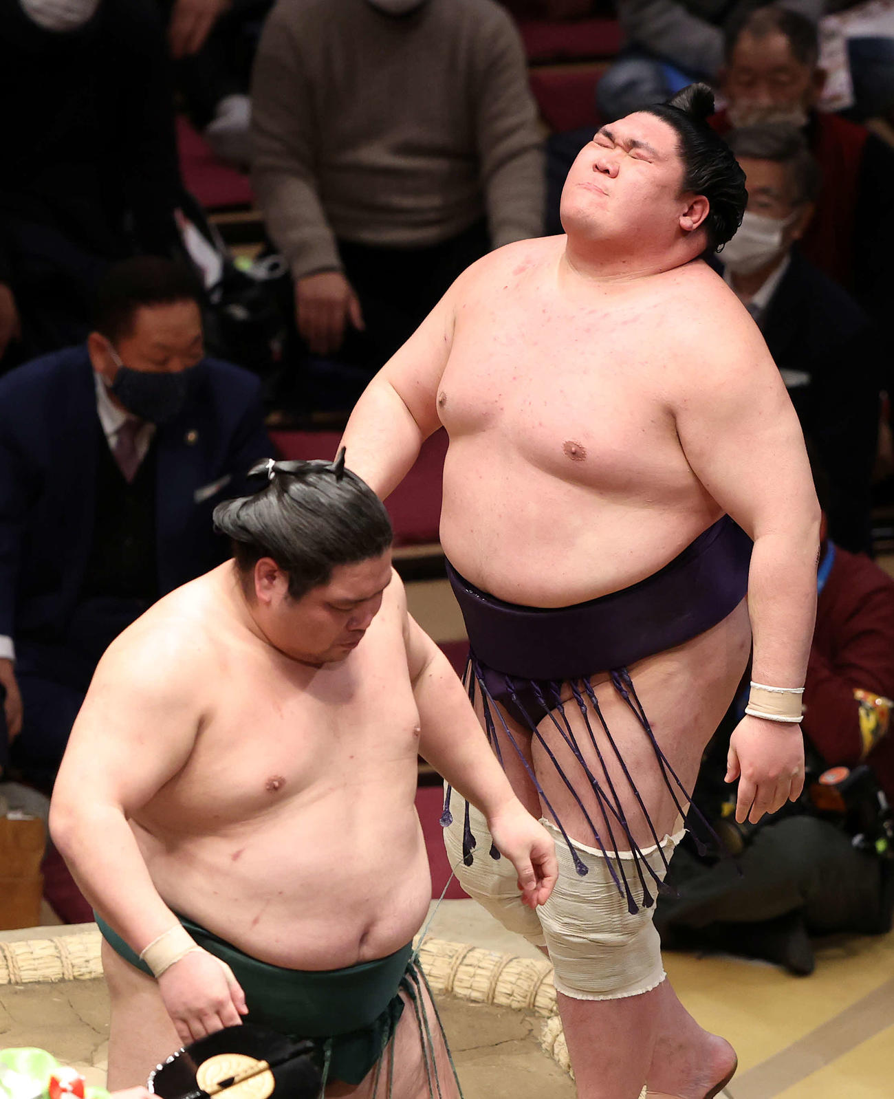 錦木（左）に押し出しで敗れた矢後（撮影・鈴木正人）