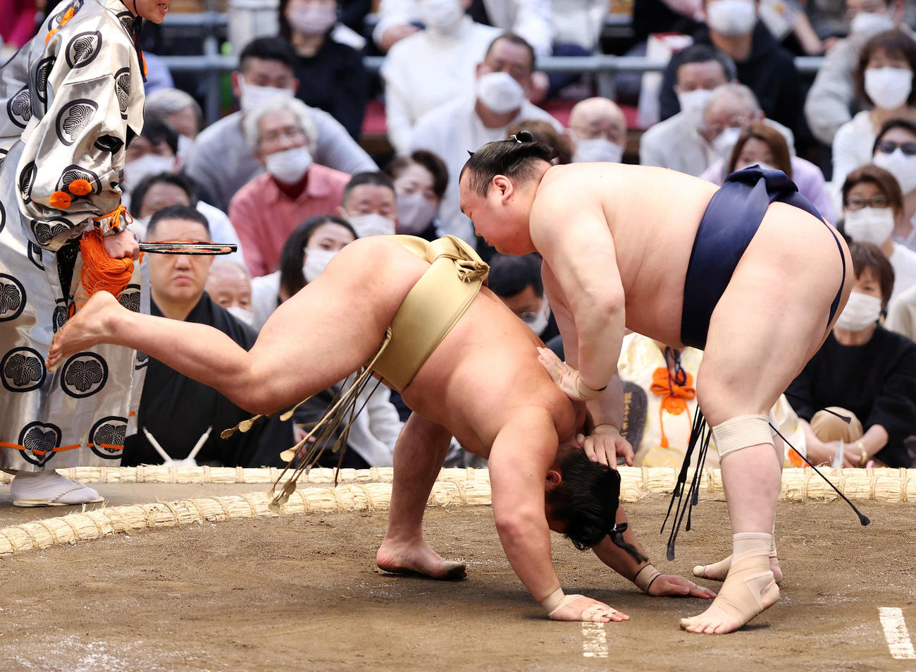 石浦（左）をはたき込みで破る宝富士（撮影・鈴木正人）