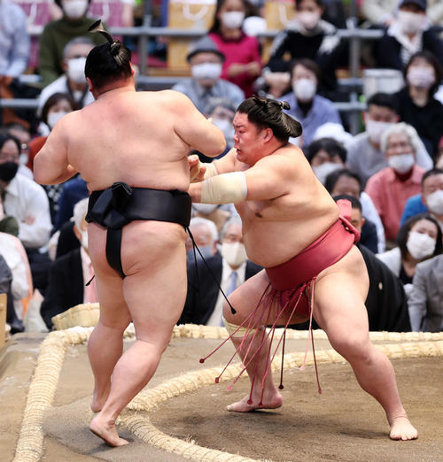 正代（左）を押し出しで破る大栄翔（撮影・鈴木正人）