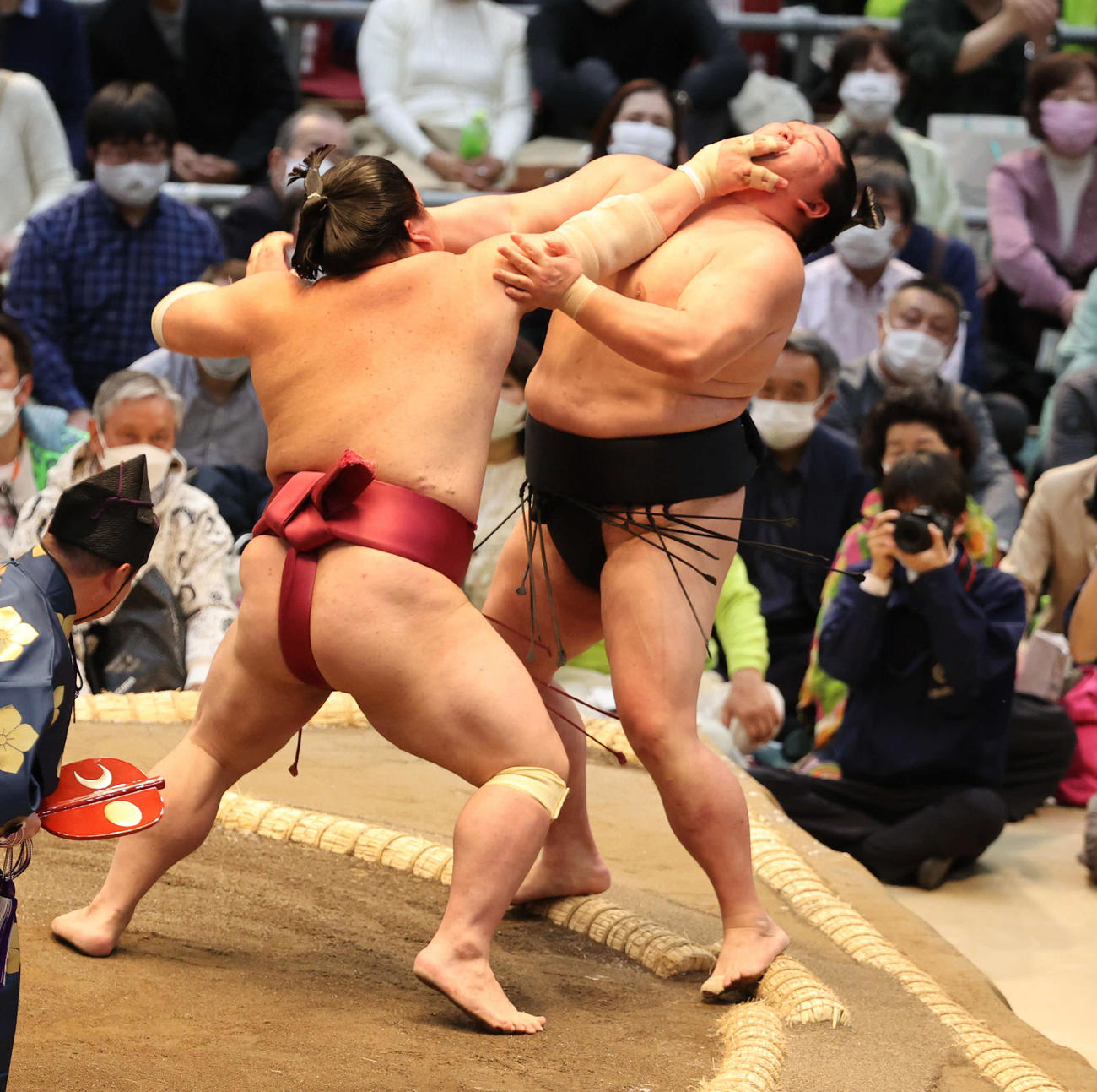 正代を押し出す大栄翔（撮影・渦原淳）