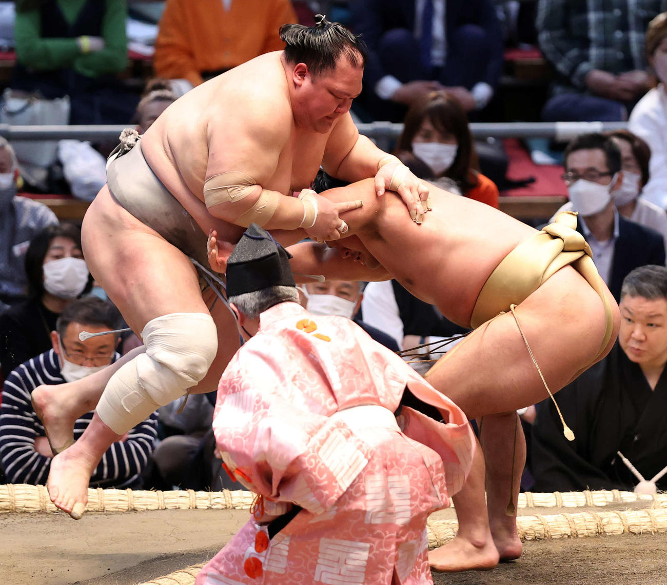 北勝富士（左）を押し出しで破る石浦（撮影・鈴木正人）