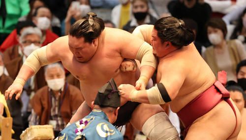 大栄翔に押し込まれる照ノ富士（撮影・渦原淳）