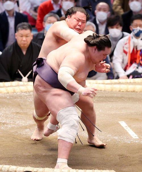 照ノ富士（手前）を送り出しで破る大栄翔（撮影・鈴木正人）