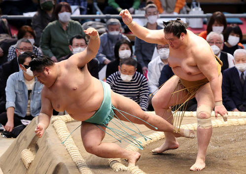 天空海（左）を押し倒しで破る輝（撮影・鈴木正人）