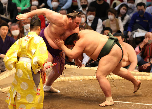 錦木は寄り切りで栃ノ心を破る（撮影・渦原淳）
