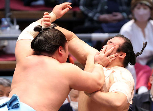 琴勝峰（左）の攻めを耐える千代の国（撮影・鈴木正人）
