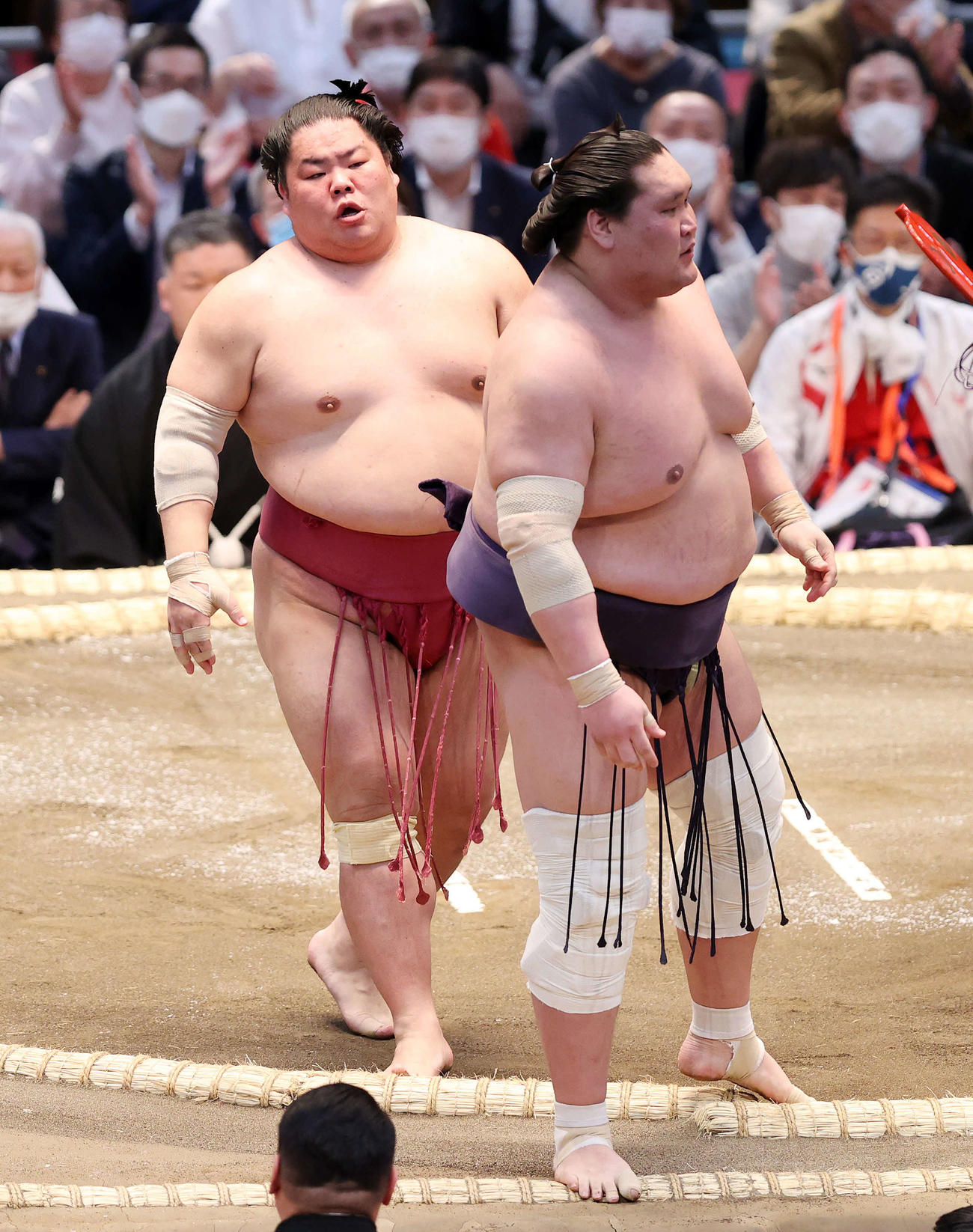 照ノ富士（右）を送り出しで破った大栄翔（撮影・鈴木正人）