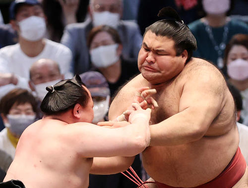 千代翔馬（左）を攻める高安（撮影・鈴木正人）