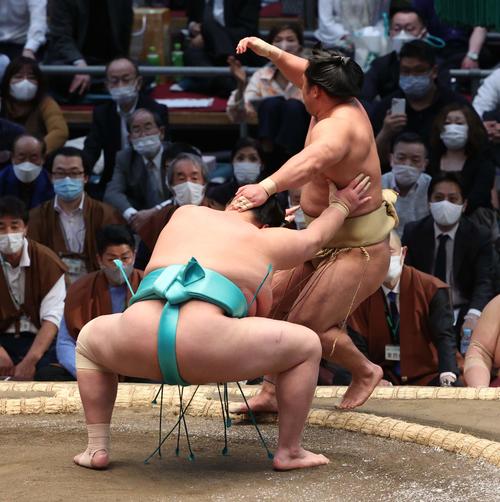 大相撲春場所3日目　琴ノ若（左）は押し出しで石浦を破る（撮影・上田博志）